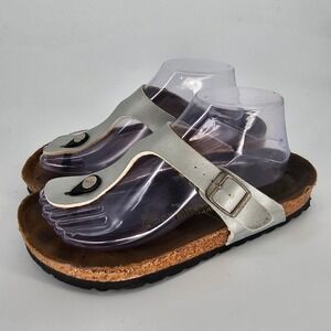 Birkenstock Gizeh Thong Sandals Size 39 US 8.5 Silver Metallic Cork Footbed